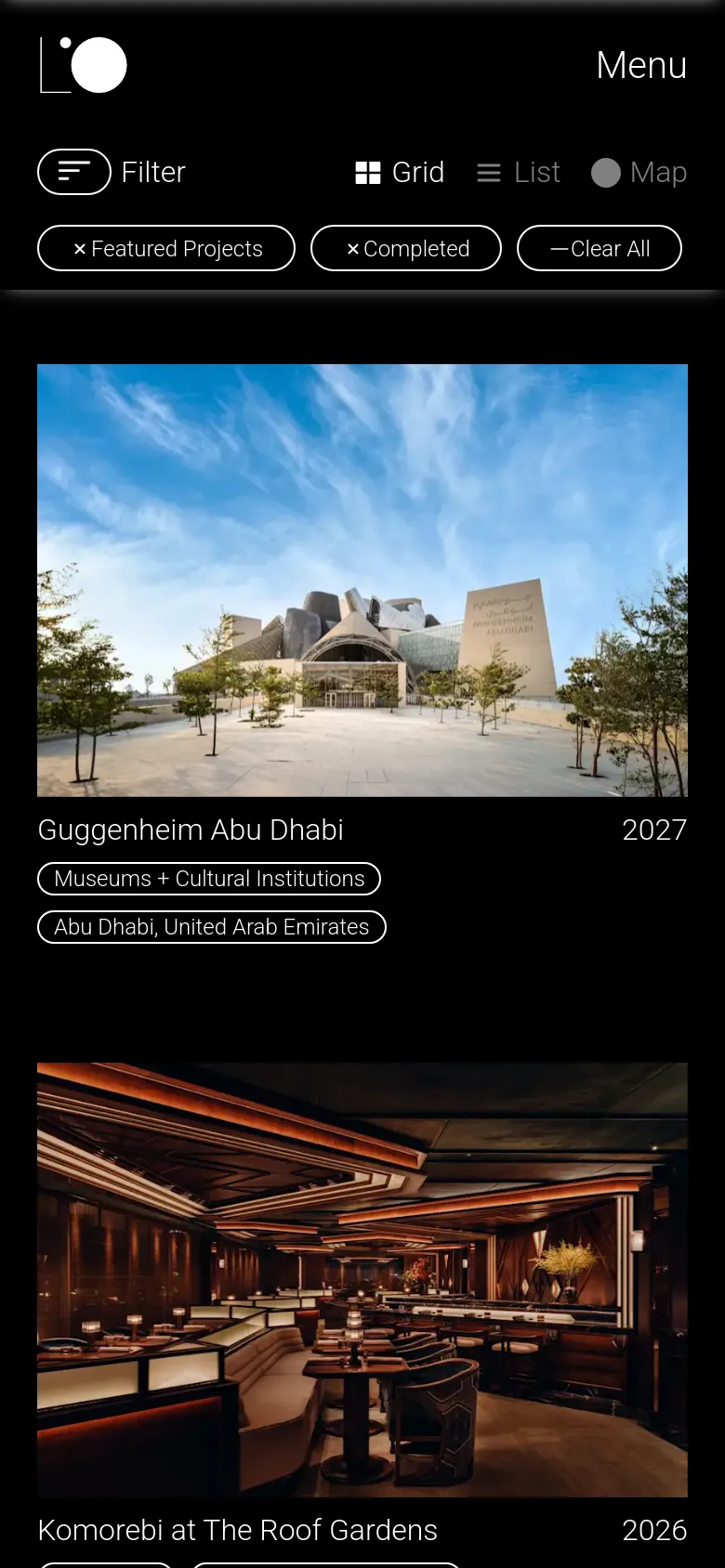 The mobile version presents a simplified, single-column vertical layout of the project grid. The header contains a condensed menu and a prominent filter button, while the project cards are stacked vertically to prioritize large imagery and clear text labels for each project.