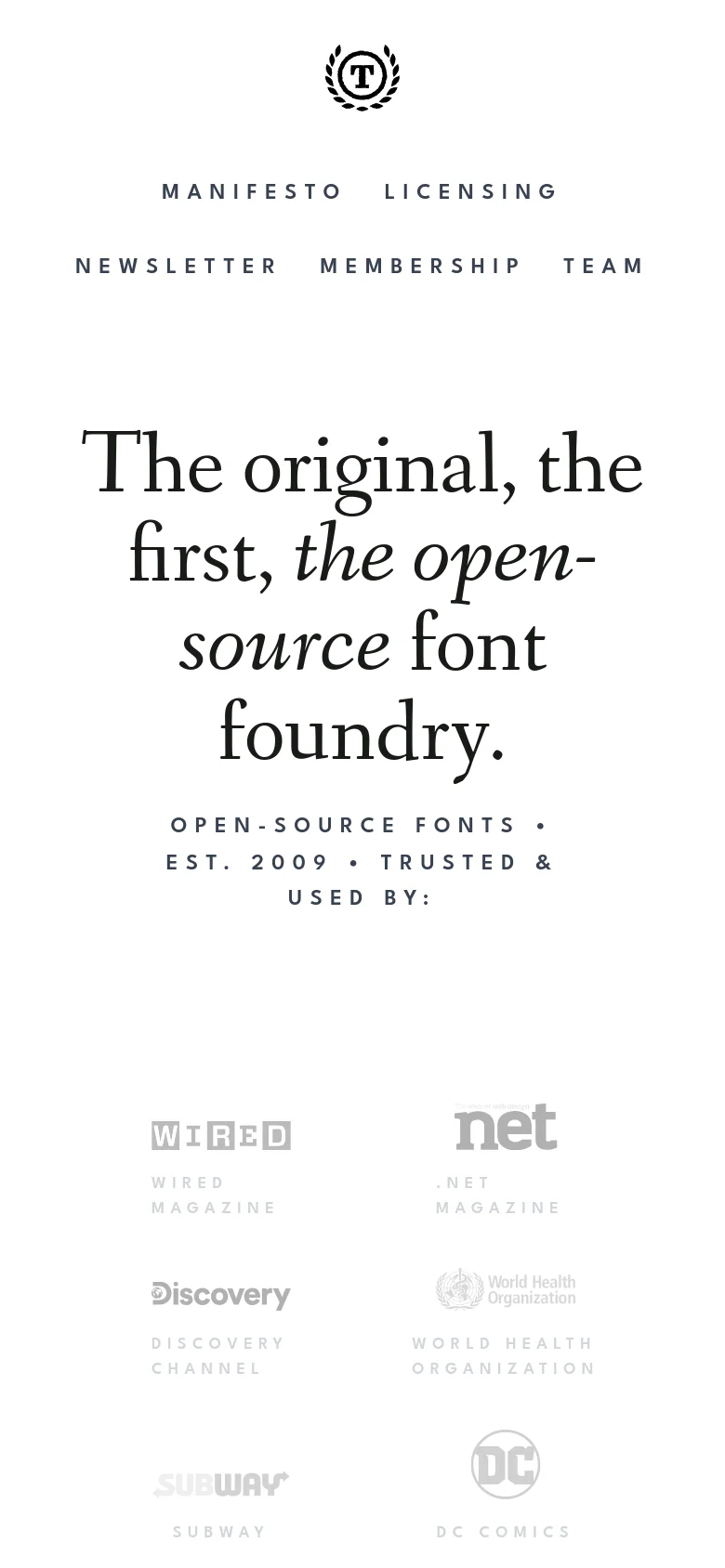 The mobile version presents a vertically stacked layout with the same large serif headline and sub-headline centered on a white background. The brand logo grid transitions from multiple columns to a single or double column format to fit the narrower screen, and the top navigation menu is condensed or moved to a centered position below the logo.