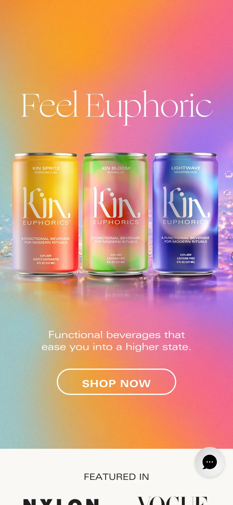 The mobile version uses a vertically stacked layout with the colorful gradient background. The hero section places the 'Feel Euphoric' headline and 'Shop Now' button above the three beverage cans, which are centered in a single row. The 'Featured In' section follows, with logos appearing in a smaller, condensed format compared to the desktop view.