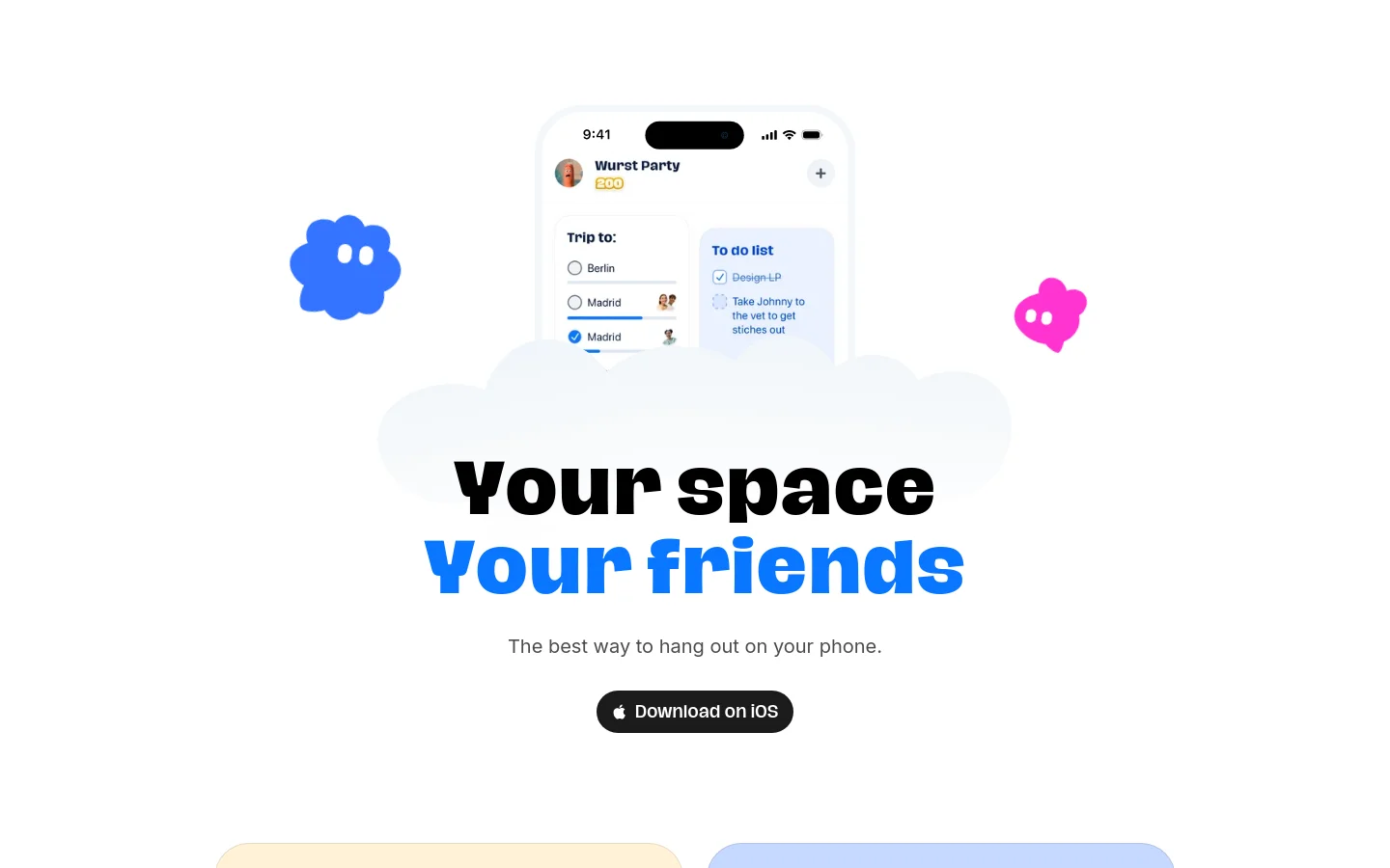 The desktop homepage features a clean, white background with large, bold typography reading 'Your space Your friends' in black and blue. A central hero image shows a smartphone displaying the Abode app interface, flanked by stylized blue and pink cloud icons. A prominent black 'Download on iOS' button is positioned below the main headline.