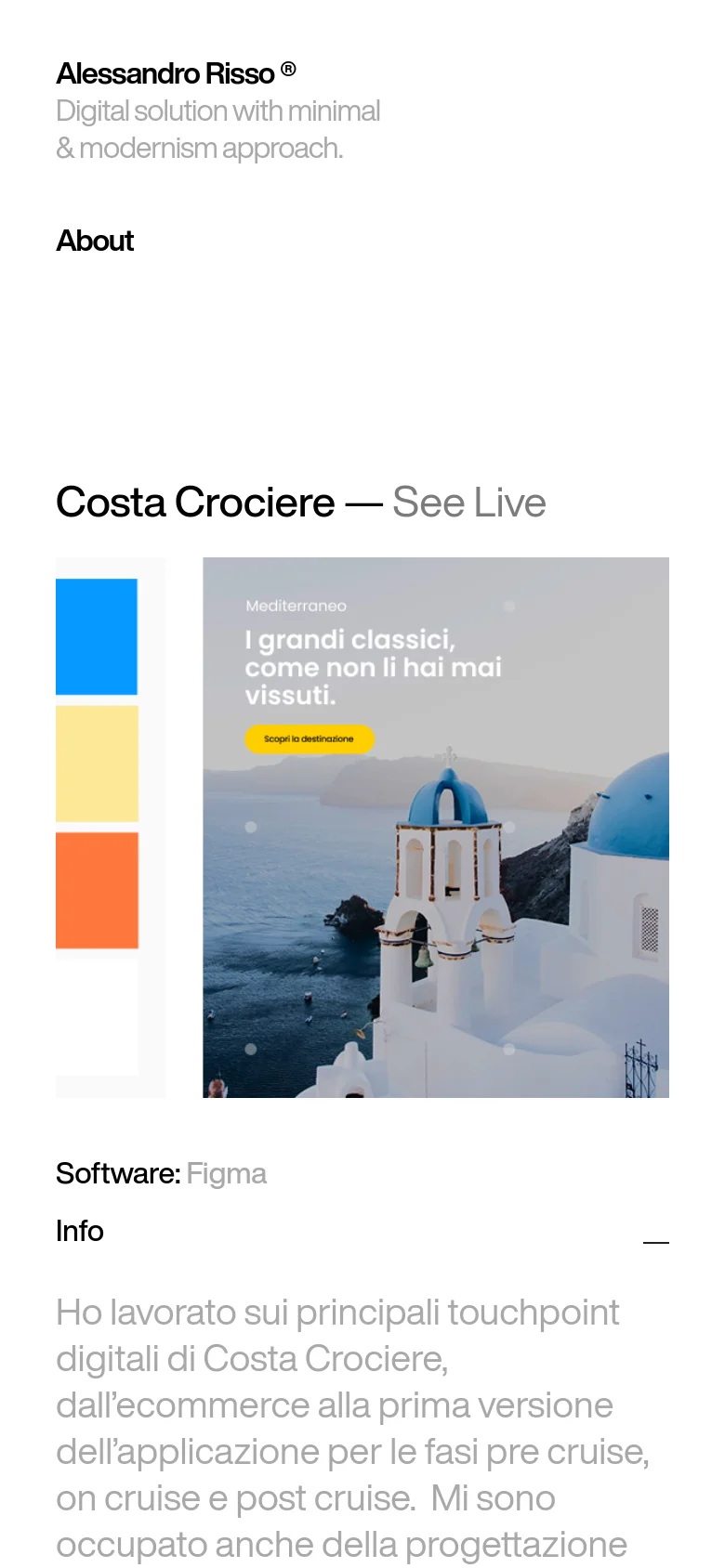 A mobile-optimized version of the portfolio with a single-column vertical layout. The header and project title 'Costa Crociere' are stacked, followed by a vertical color palette strip next to a large hero image of Mediterranean architecture. The project information and description text follow below in a clean, vertical flow.