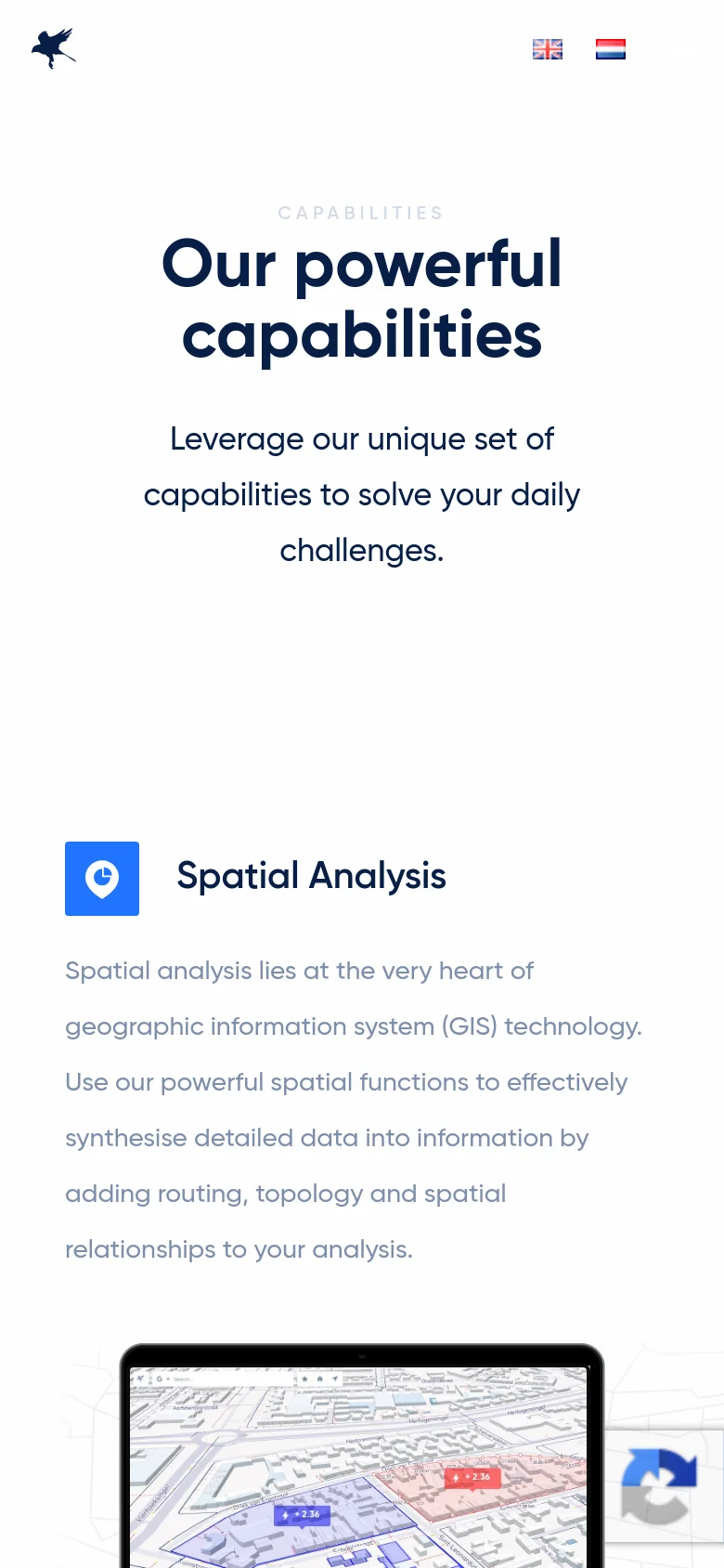 The mobile version presents a vertically stacked layout with the same white background and dark blue typography. The hero text 'Our powerful capabilities' is centered at the top, followed by the 'Spatial Analysis' heading and descriptive text, with the laptop graphic appearing below the text content.