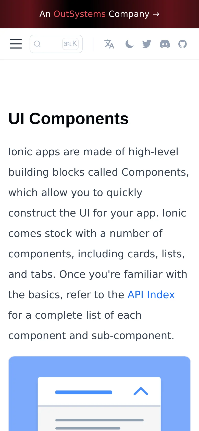 The mobile version simplifies the layout into a single-column view, removing the left-hand sidebar in favor of a condensed top navigation bar with a hamburger menu icon. The main content remains centered, featuring the 'UI Components' heading and introductory text, followed by a vertical stack of component cards that span the width of the screen.