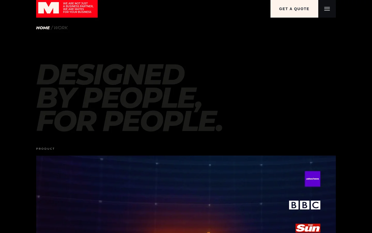The desktop page features a dark theme with a large, bold headline reading 'DESIGNED BY PEOPLE, FOR PEOPLE.' Below the headline, a featured project section displays a large image for EPPO, including client details and deliverables like UI, Design, 3D, and Animation. A navigation bar at the top includes a red logo, a 'GET A QUOTE' button, and a menu icon.