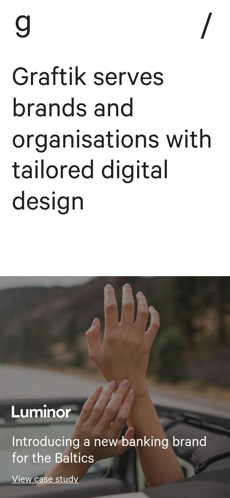 The mobile version presents a vertically stacked, single-column layout optimized for small screens. The hero headline is prominently displayed at the top, followed by large, full-width imagery for each featured case study. Navigation and text elements are scaled for readability, and the project grid becomes a vertical scroll of large image cards.
