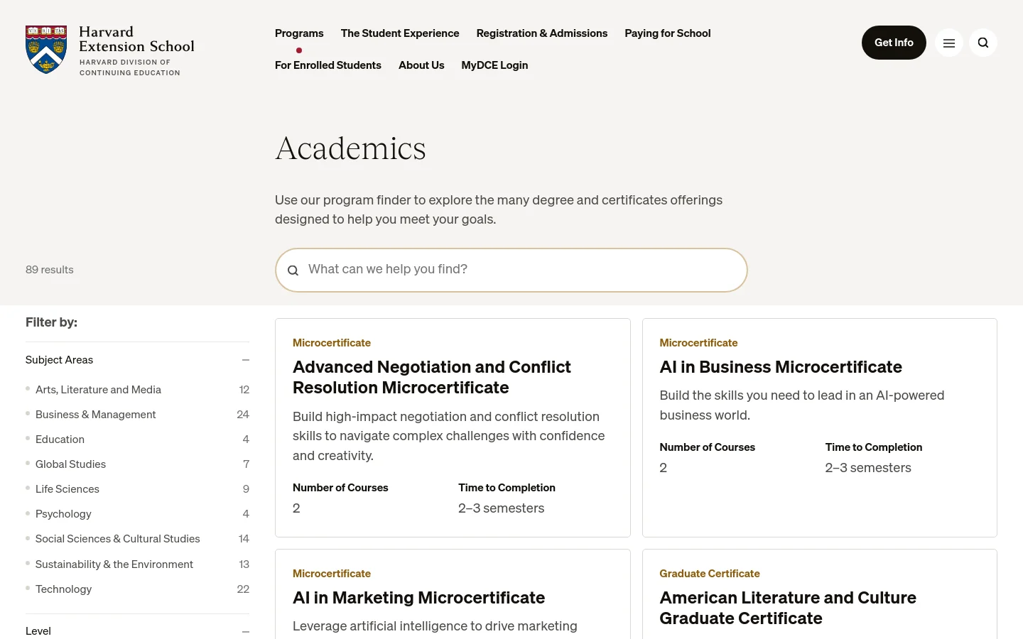 The Academics page features a clean, white layout with a navigation menu at the top and a large 'Academics' heading. A search bar sits below the introductory text, followed by a sidebar on the left for filtering results by Subject Areas and Level. The main content area displays program cards, such as the Advanced Negotiation and Conflict Resolution Microcertificate, in a grid format.