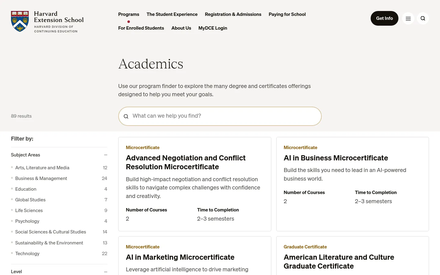 The Academics page features a clean, white layout with a navigation menu at the top and a large 'Academics' heading. A search bar sits below the introductory text, followed by a sidebar on the left for filtering results by Subject Areas and Level. The main content area displays program cards, such as the Advanced Negotiation and Conflict Resolution Microcertificate, in a grid format.