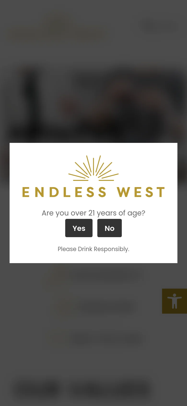 The mobile version displays an age verification overlay with the Endless West logo and buttons for 'Yes' and 'No' against a blurred background. Once cleared, the layout shifts to a single-column vertical stack, with the navigation links appearing as a list rather than a grid.