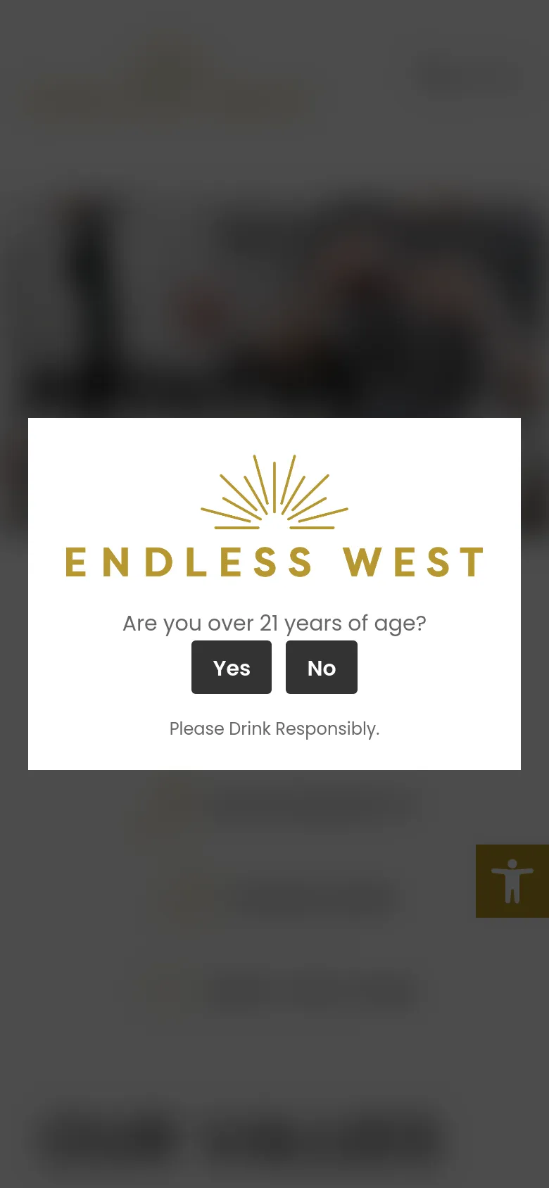 The mobile version displays an age verification overlay with the Endless West logo and buttons for 'Yes' and 'No' against a blurred background. Once cleared, the layout shifts to a single-column vertical stack, with the navigation links appearing as a list rather than a grid.