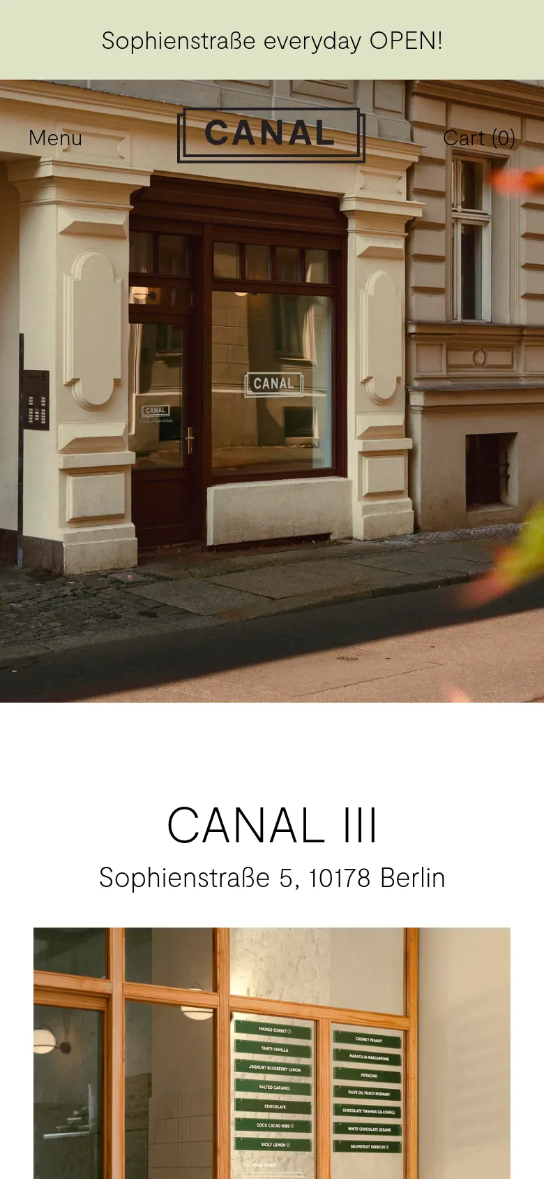 The mobile version uses a single-column vertical layout, starting with a full-width hero image of the storefront at the top. Below the image, the text content for Canal III, including the address and opening hours, is stacked vertically for easy scrolling.
