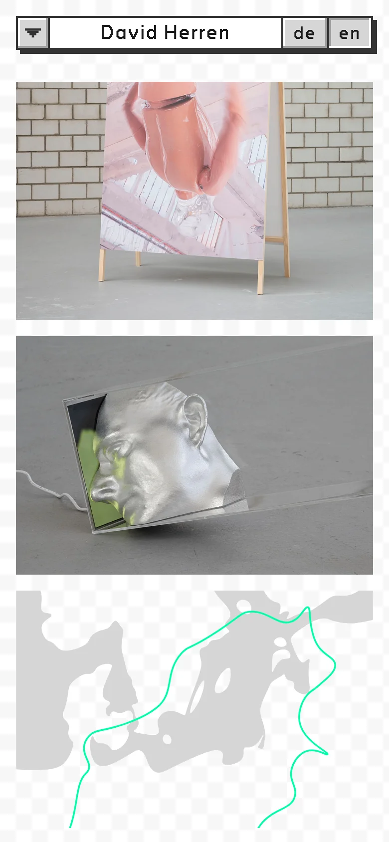 The mobile version presents a single-column vertical scroll of the artwork grid. The header remains at the top with the artist's name and language selection, while the images, such as the silver sculpture and the teal map, are stacked vertically to fit the narrow screen width.
