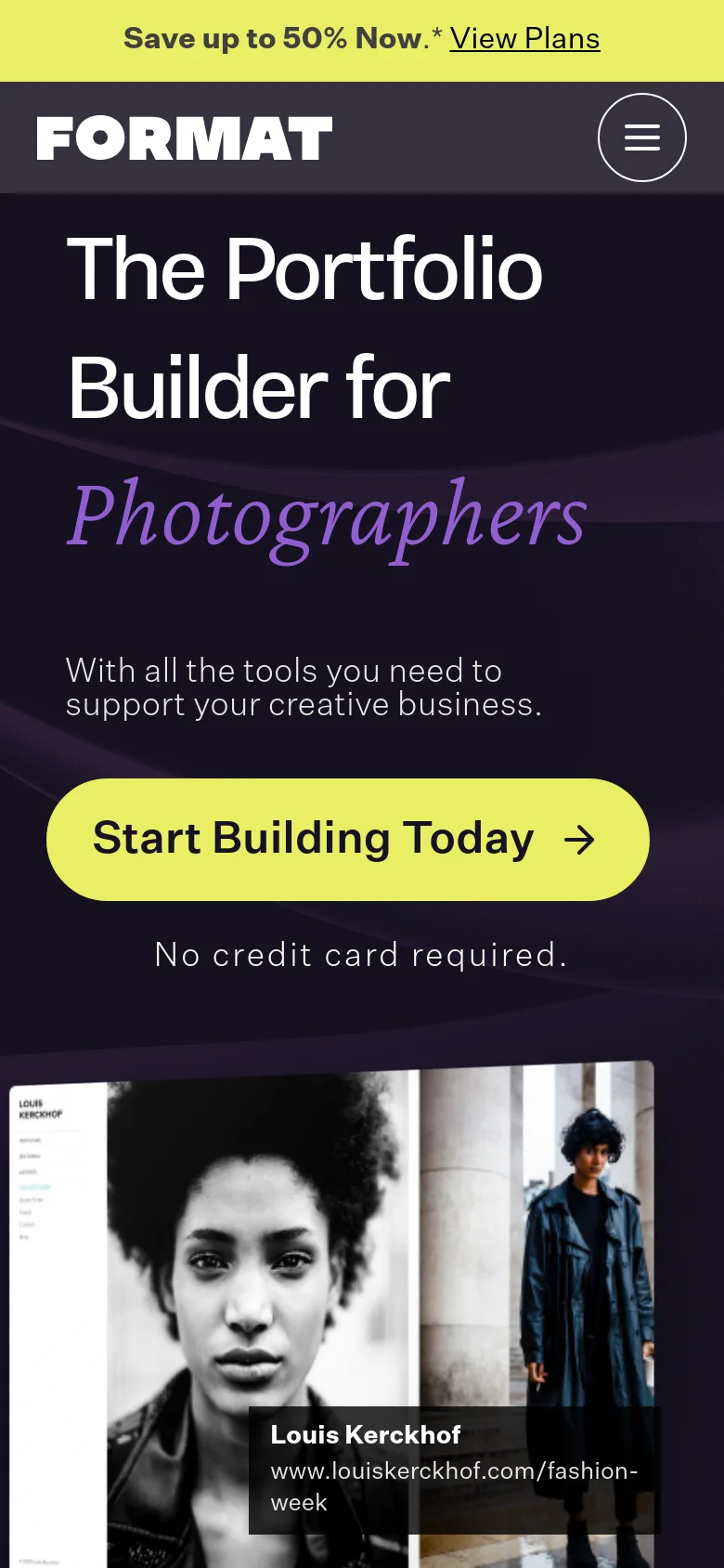 The mobile version presents a vertically stacked layout with the headline and lime green 'Start Building Today' button centered at the top. The hero image is positioned below the text, showing a large portrait and full-length shot of a model. The top navigation is condensed into a hamburger menu icon next to the Format logo.