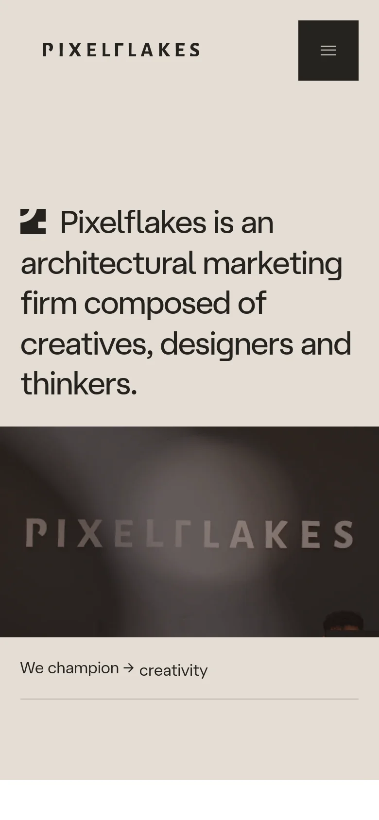 The mobile version maintains the minimalist beige aesthetic and large typography but rearranges the layout for a vertical orientation. The navigation links are hidden behind a dark square hamburger menu icon in the top right, and the hero text is centered above a blurred image.