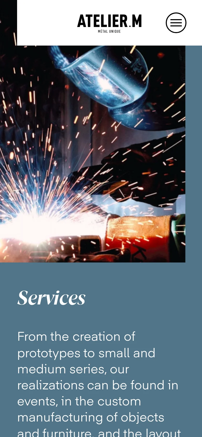 The mobile version presents a vertically stacked layout starting with a full-width hero image of a welder and the 'Services' title. The service categories and their corresponding images are arranged in a single-column scrollable list for easier navigation on small screens.