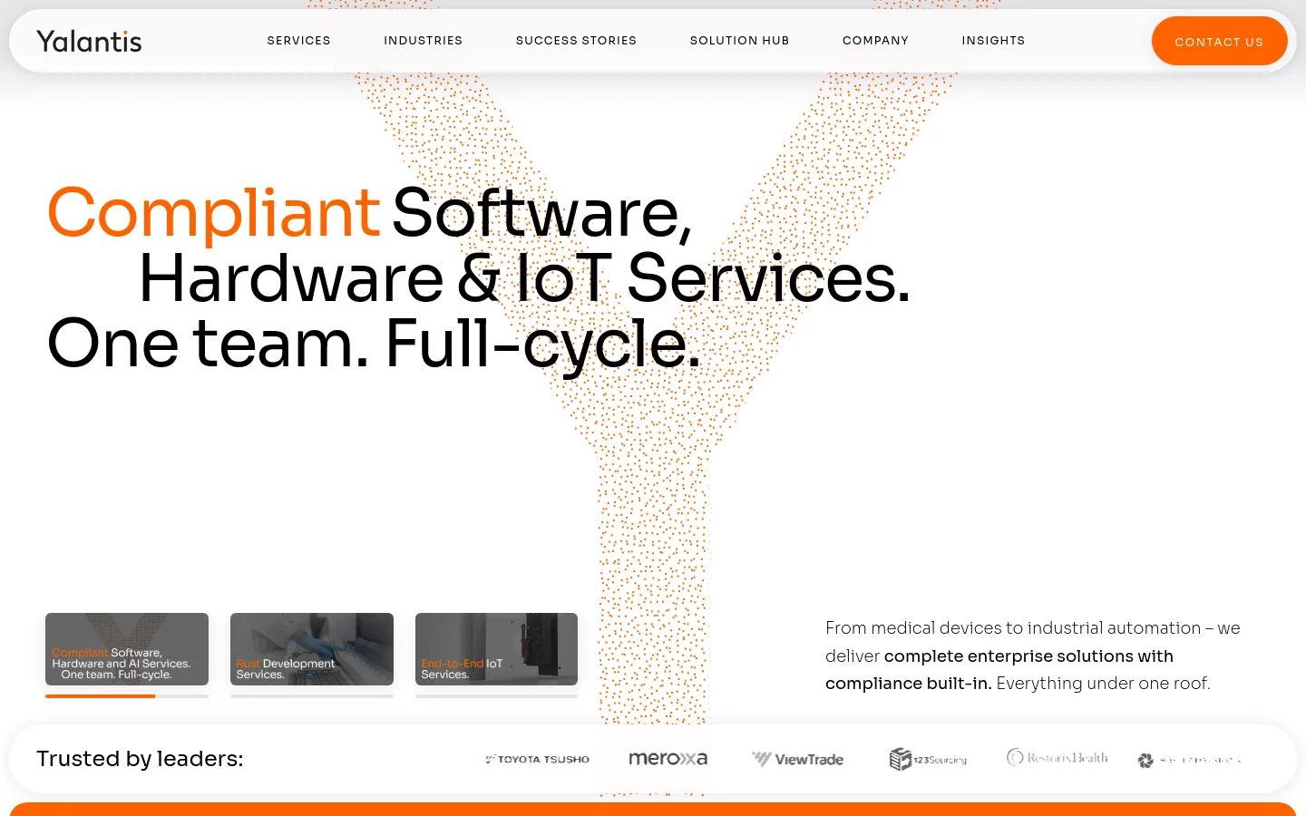 The Yalantis homepage features a clean white background with a large, bold headline in black and orange text stating 'Compliant Software, Hardware & IoT Services. One team. Full-cycle.' A large, abstract orange dotted pattern forms a Y-shape behind the text. Below the hero section, three rectangular image tiles showcase technical services, followed by a 'Trusted by leaders' section displaying various client logos.