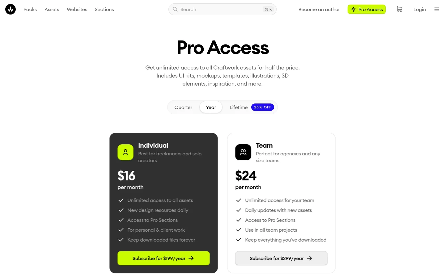 The Pro Access landing page features a clean, white and dark gray layout with a central headline and subscription toggle for Quarter, Year, or Lifetime plans. Two pricing cards, 'Individual' in dark gray and 'Team' in white, display monthly rates and feature lists with bright lime green call-to-action buttons. Below the pricing, a grid showcases various design asset categories like Web UI Kits and 3D Assets using high-quality preview images.