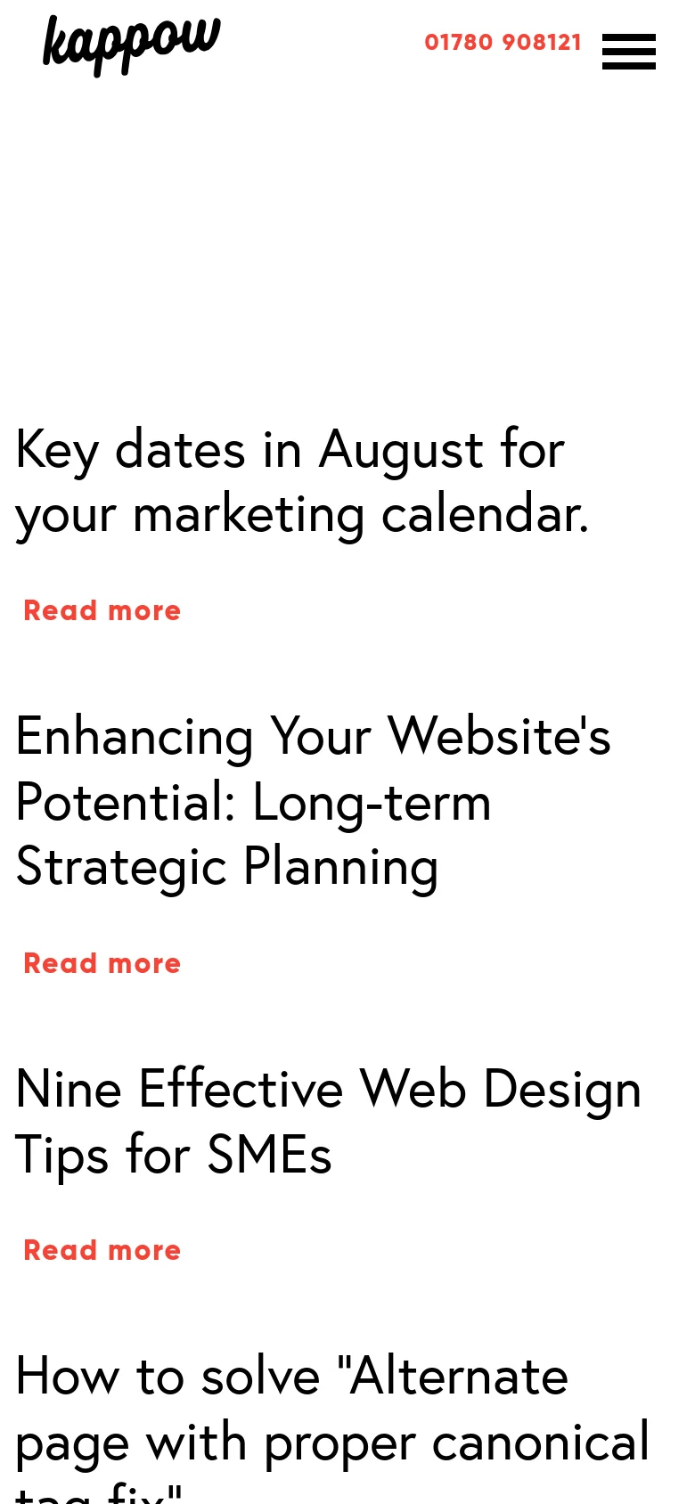 The mobile version simplifies the layout into a single-column vertical stack of blog posts. The navigation menu is replaced by a black hamburger icon in the top right, and the phone number is displayed prominently next to it.