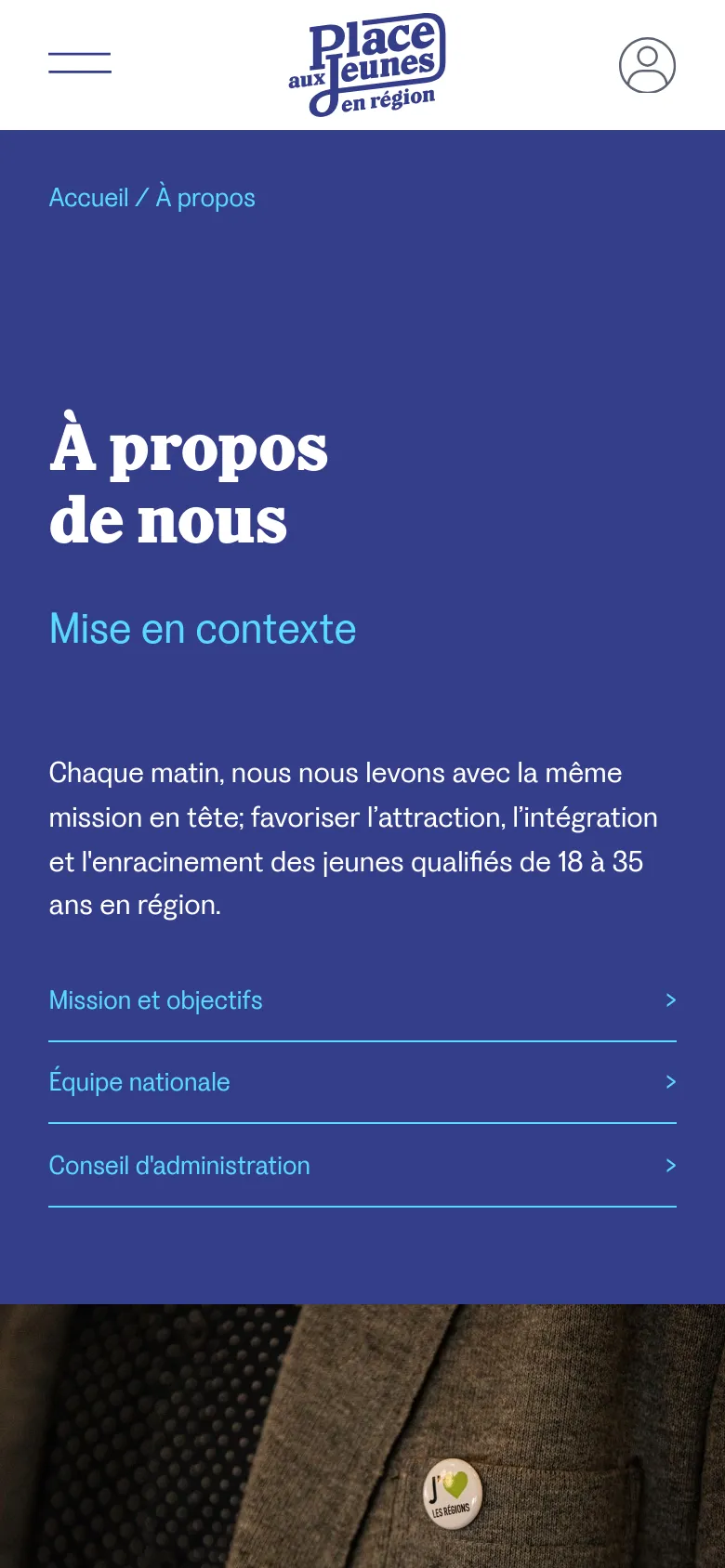 The mobile version presents a vertically stacked layout, starting with a dark blue header containing the logo and a condensed navigation menu. The mission statement and internal page links are displayed in a single column, and the team section transitions from a multi-column grid to a vertical list of profiles for easier scrolling.