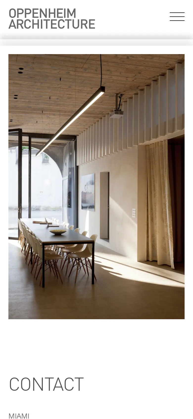 The mobile version presents a vertically stacked layout, beginning with a large architectural hero image of a modern interior. Below the image, the 'CONTACT' heading and office details are listed in a single column against a white background, followed by social media links and a testimonial at the bottom.