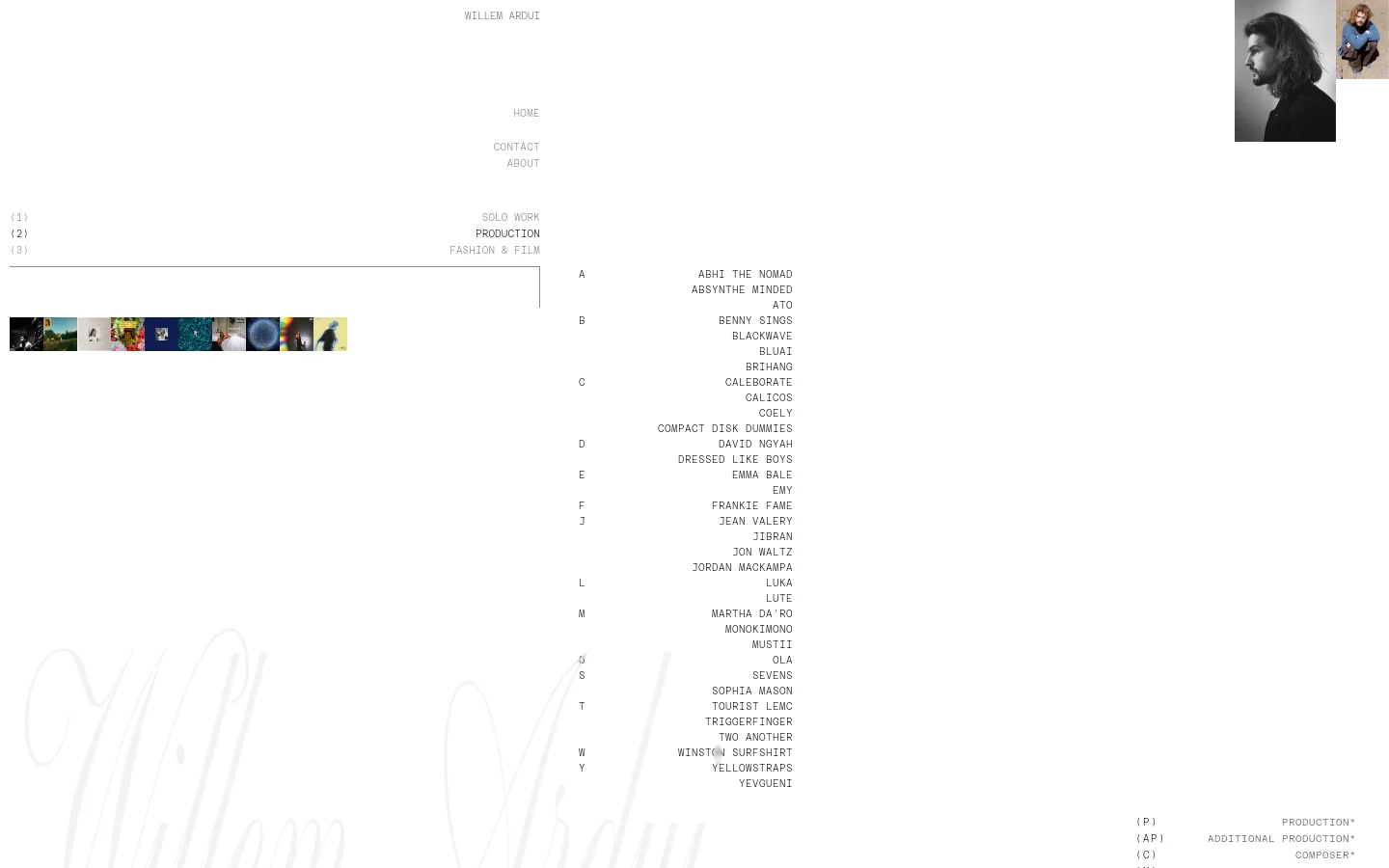 The desktop production page features a minimalist white layout with a grid of colorful music project cover art in the center. A navigation menu is positioned on the left, and an alphabetical list of artist credits runs down the right side. A black and white portrait of Willem Ardui is visible in the top right corner.