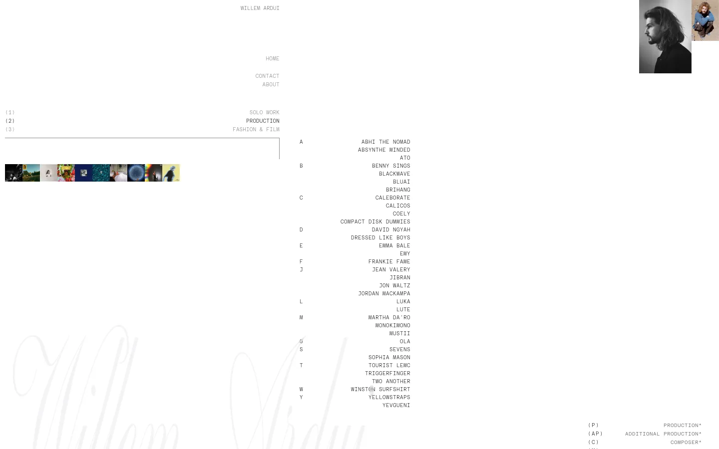 The desktop production page features a minimalist white layout with a grid of colorful music project cover art in the center. A navigation menu is positioned on the left, and an alphabetical list of artist credits runs down the right side. A black and white portrait of Willem Ardui is visible in the top right corner.