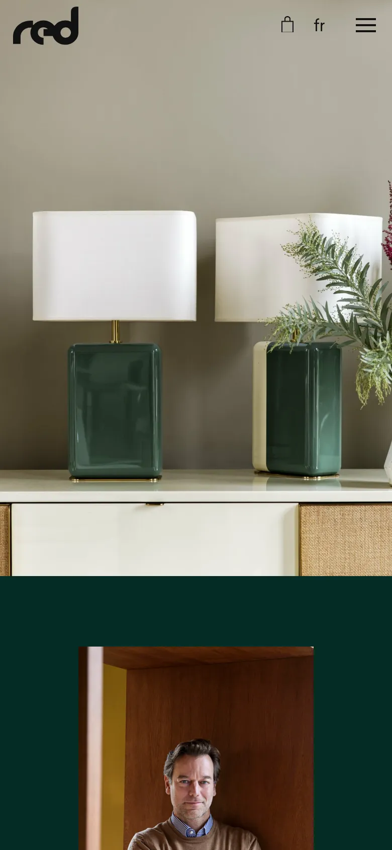 The mobile version simplifies the layout, replacing the horizontal navigation menu with a hamburger icon and a shopping bag icon in the header. The hero image of the green ceramic lamps remains prominent at the top, followed by a vertically stacked content layout including the founder's portrait and brand text.