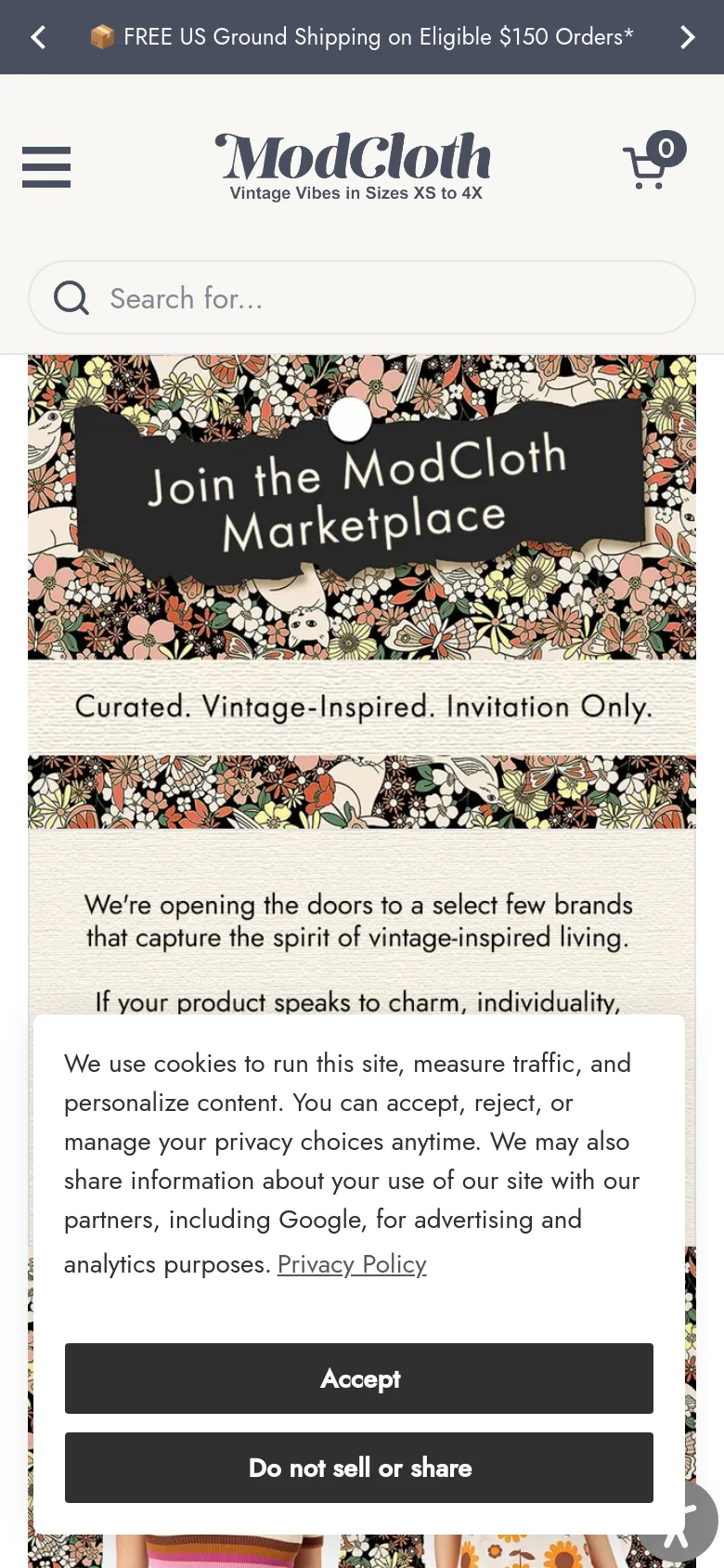 The mobile version presents a vertically stacked layout starting with a large hero banner containing the 'Join the ModCloth Marketplace' headline over a floral pattern. Below the banner, the text content is centered, and a cookie consent pop-up covers the lower portion of the screen with 'Accept' and 'Do not sell or share' buttons.