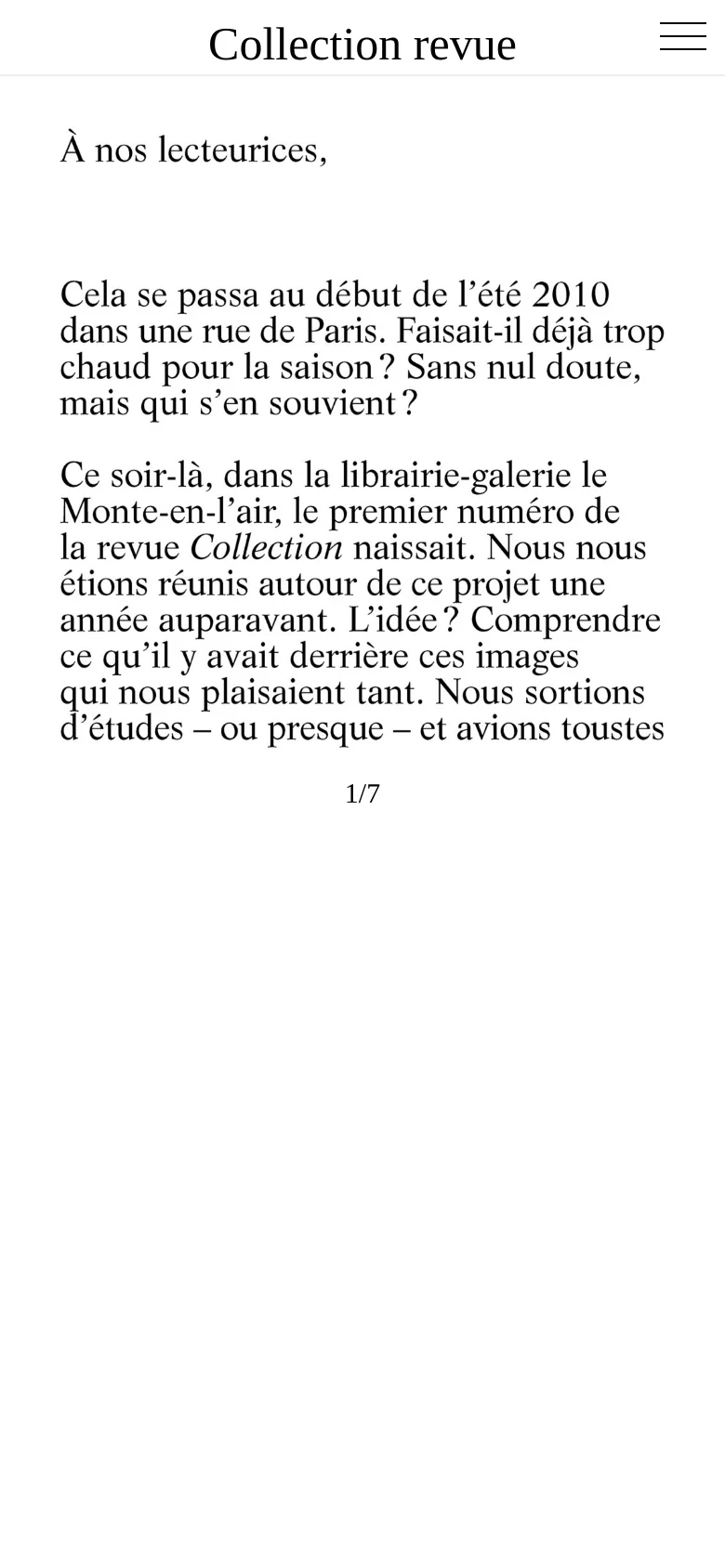 The mobile version maintains the minimalist white and black aesthetic but uses a condensed layout. The site title is centered at the top, followed by a hamburger menu icon on the right, with the introductory French text flowing vertically below.
