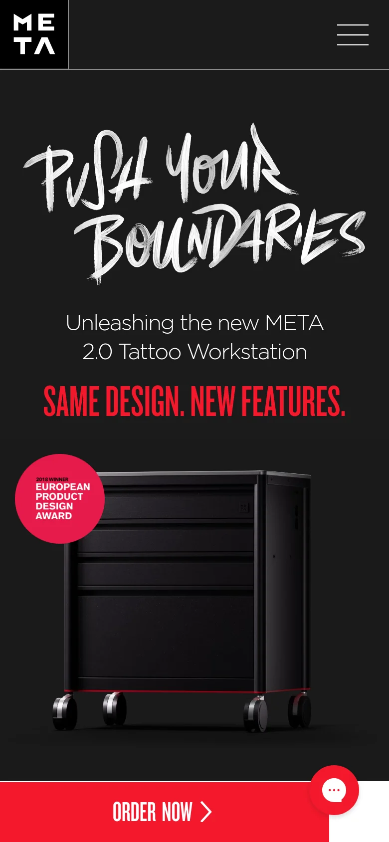 The mobile version uses a vertical layout with the large white brushstroke headline and red text centered at the top. The black tattoo workstation image is centered below the text, and a prominent red 'ORDER NOW' call-to-action bar is fixed to the bottom of the screen.