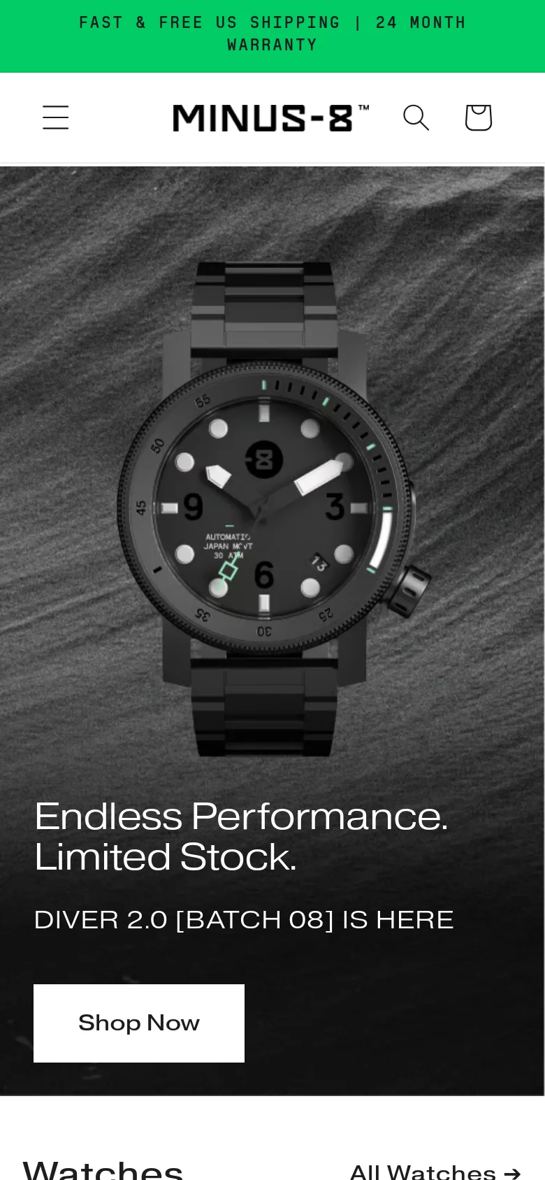 The mobile version presents a vertically stacked layout with the hero image and text centered. The headline 'Endless Performance. Limited Stock.' is prominent above a large white 'Shop Now' button. The navigation is condensed into a hamburger menu, a search icon, and a shopping bag icon at the top.