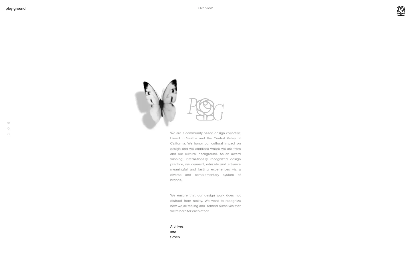 The desktop homepage features a minimalist white layout with a large, soft-focus butterfly and rose graphic in the center. A text block describes the design collective, flanked by navigation links like Archives and Info, and a logo in the top right corner. The design uses ample whitespace and elegant serif typography.