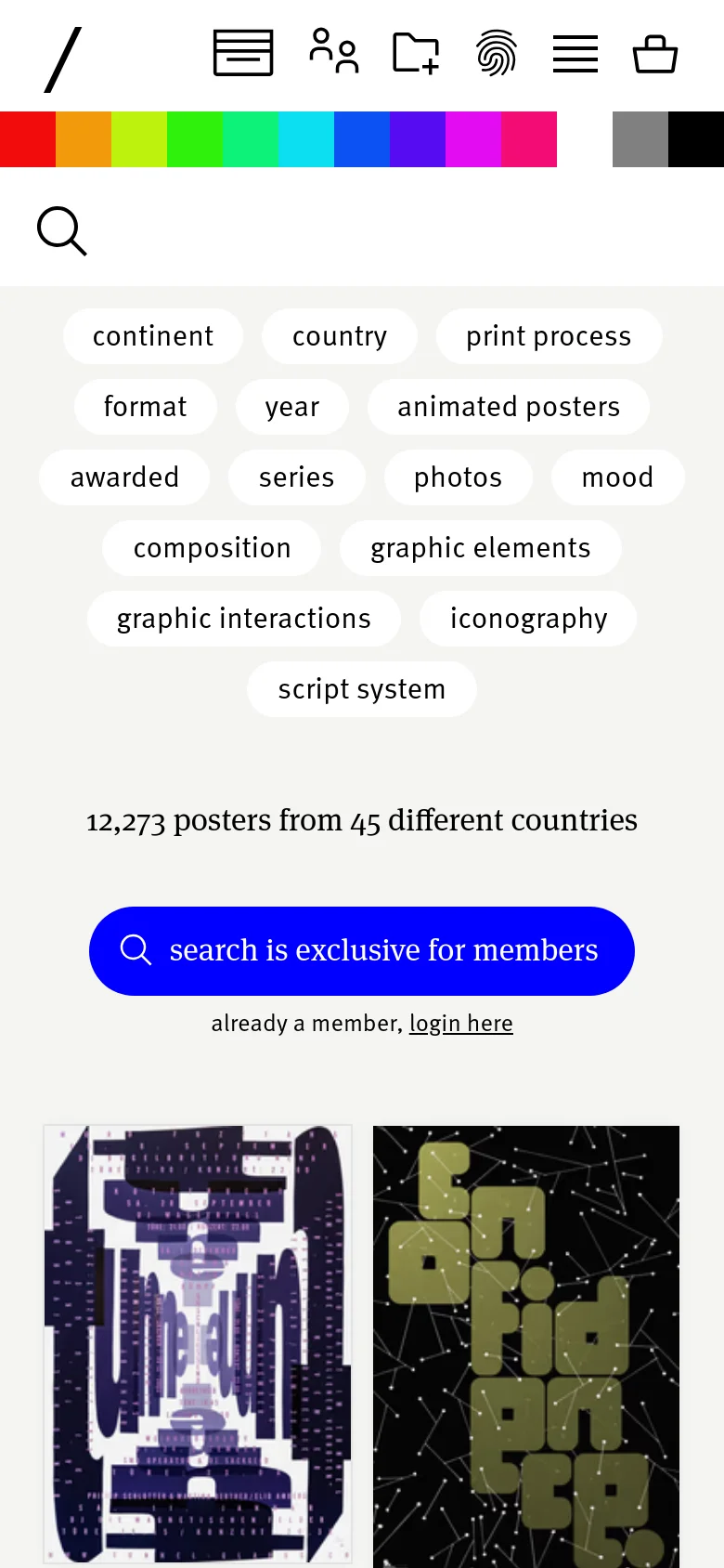The mobile version presents a vertically stacked layout with the rainbow color bar and search icon at the top. The filter tags are centered and wrap onto multiple lines, followed by the blue membership call-to-action button and a single-column preview of the poster gallery. The interface is simplified to prioritize vertical scrolling on a narrow screen.