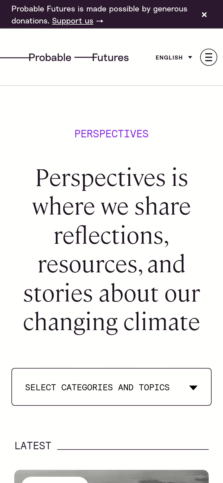 The mobile version uses a simplified vertical layout with a hamburger menu icon in the top right and a language selector. The large centered headline remains prominent, followed by a 'Select Categories and Topics' dropdown menu that replaces the desktop's horizontal list. The 'Latest' section begins below the dropdown, showing the top of a featured article image.
