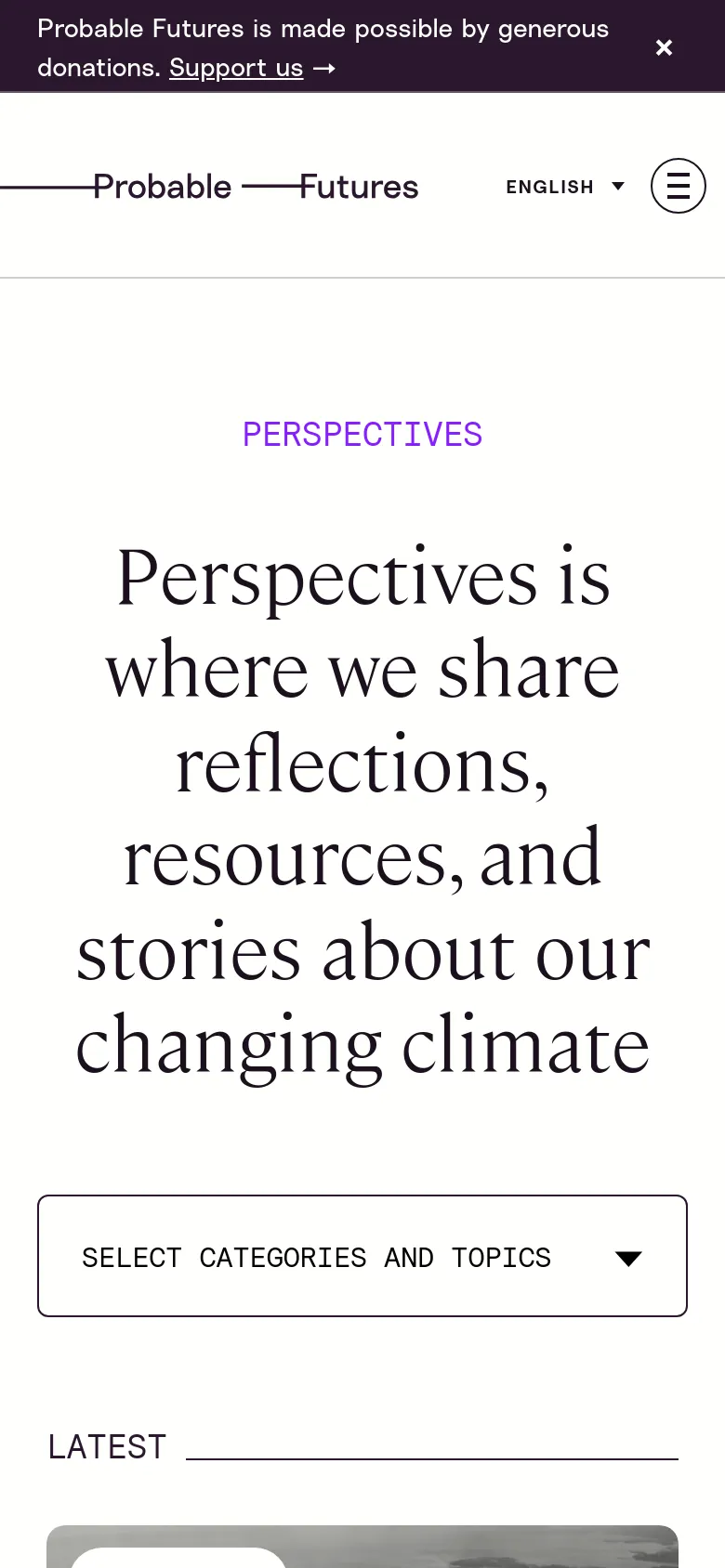 The mobile version uses a simplified vertical layout with a hamburger menu icon in the top right and a language selector. The large centered headline remains prominent, followed by a 'Select Categories and Topics' dropdown menu that replaces the desktop's horizontal list. The 'Latest' section begins below the dropdown, showing the top of a featured article image.