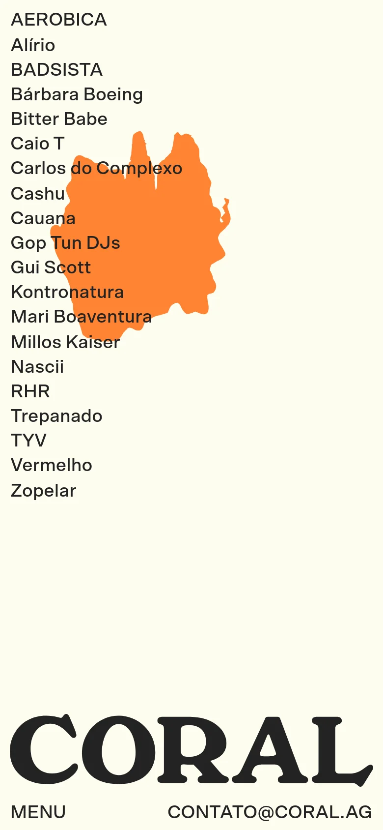 The mobile version transitions to a light cream background with the large black 'CORAL' logo at the bottom. The artist list is displayed in a single vertical column, and the footer is simplified to 'MENU' and the contact email address.