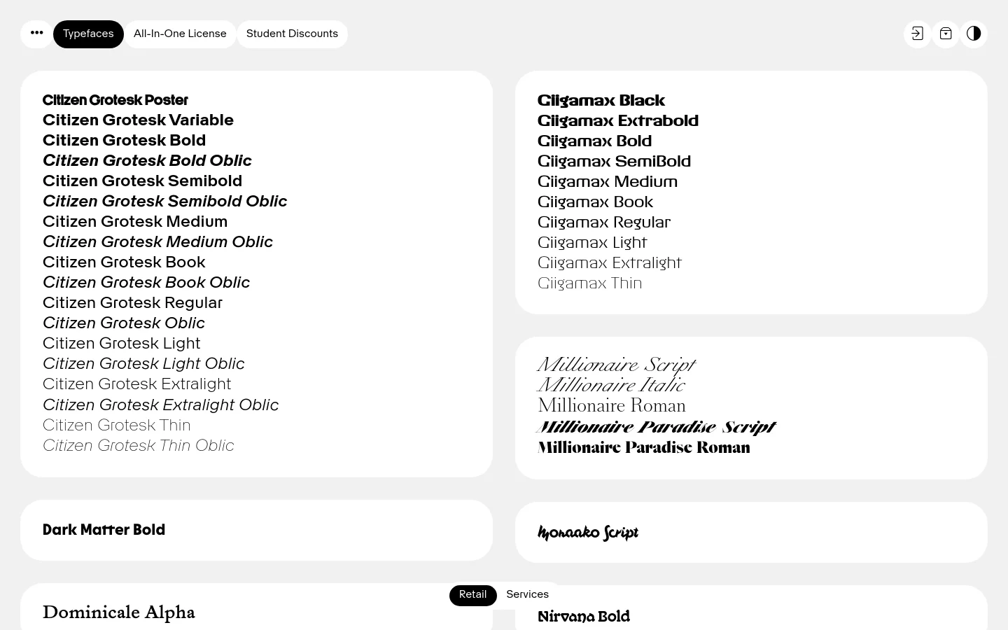 The desktop page displays a clean, minimalist typeface catalogue on a light gray background. Various font families like Citizen Grotesk and Giigamax are organized into white cards containing lists of specific weights and styles. A top navigation bar includes filter buttons for Typefaces, All-In-One License, and Student Discounts, alongside utility icons.