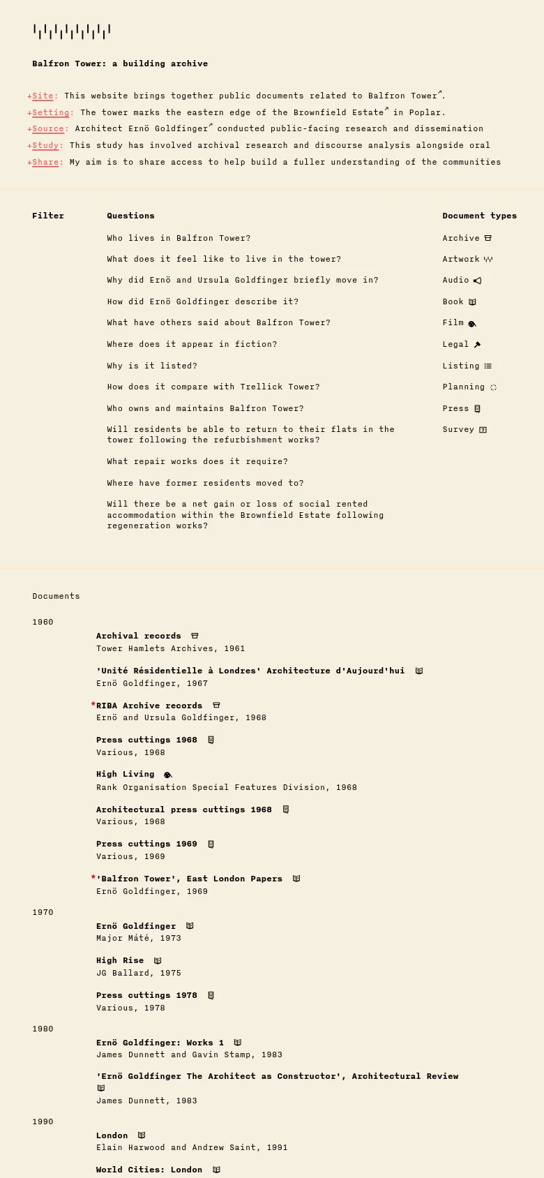 The mobile version presents a single-column vertical layout to accommodate the narrow screen. The text remains monospaced on a cream background, but the three-column filter section is stacked vertically, and the navigation links are condensed at the top.