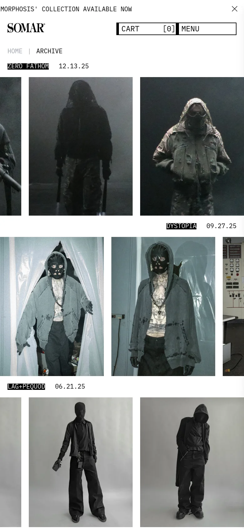 The mobile version maintains the minimalist white and black aesthetic but transitions the image layout into a single-column vertical stack. The navigation menu is condensed, and the collection headings like 'ZERO FATHOM' and 'DYSTOPIA' appear above large, full-width photographic images.