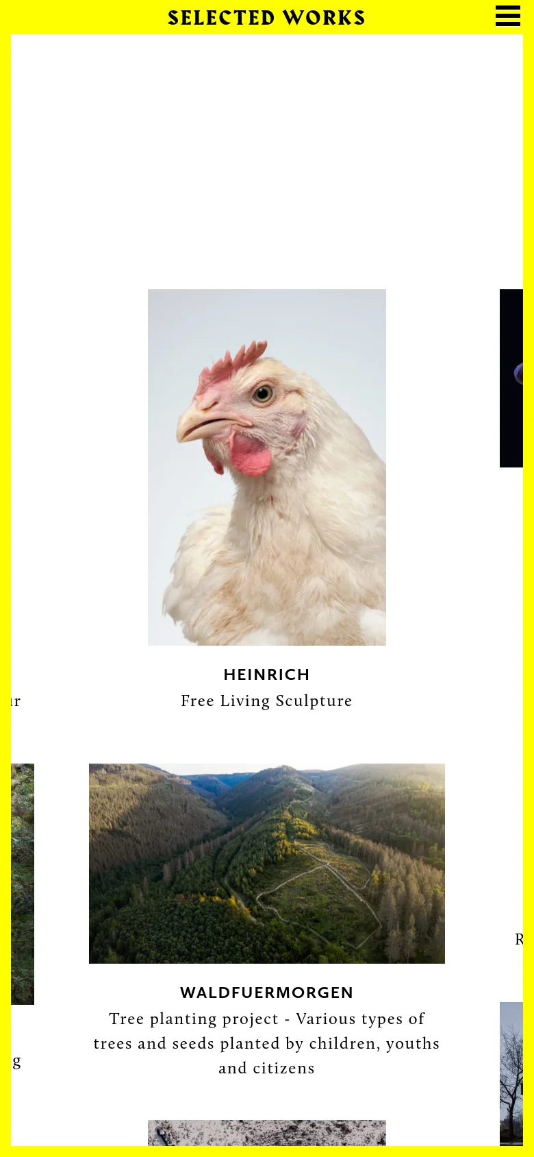 The mobile version presents a simplified vertical layout with a prominent yellow header containing the title 'SELECTED WORKS' and a hamburger menu icon. The art projects, such as the chicken portrait and forest landscape, are stacked vertically in a single column, making the imagery and text easier to scroll through on a small screen.