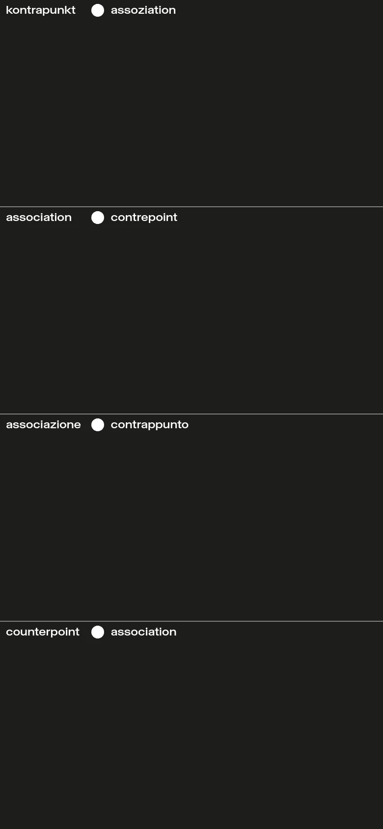 The mobile version simplifies the layout into a single-column vertical stack of the four language pairs. Each section consists of text and a white circular icon on a solid black background, maintaining the minimalist aesthetic of the desktop version while optimizing for vertical scrolling.