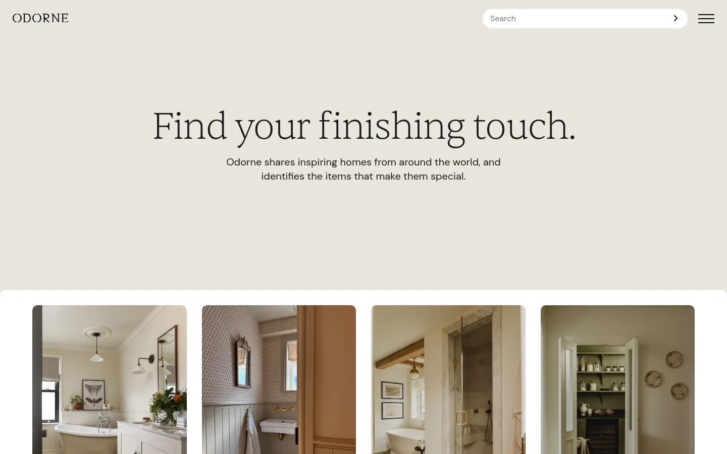 The desktop homepage features a minimalist design with a cream background and large serif typography stating 'Find your finishing touch.' Below the headline, a grid of high-quality interior design photographs showcases various rooms like bathrooms and pantries, each accompanied by category tags and a 'View space' call to action button.
