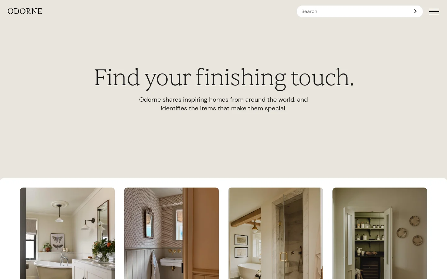 The desktop homepage features a minimalist design with a cream background and large serif typography stating 'Find your finishing touch.' Below the headline, a grid of high-quality interior design photographs showcases various rooms like bathrooms and pantries, each accompanied by category tags and a 'View space' call to action button.