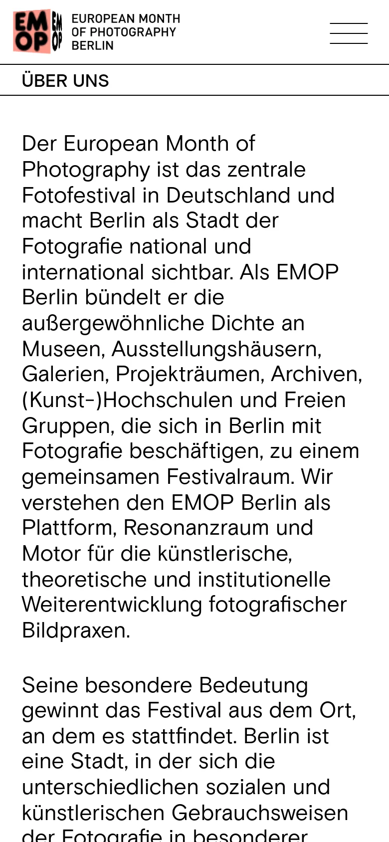 The mobile version simplifies the layout, replacing the top navigation bar with a hamburger menu icon next to the EMOP Berlin logo. The headline 'ÜBER UNS' is centered above the long-form text content, which occupies the full width of the screen.