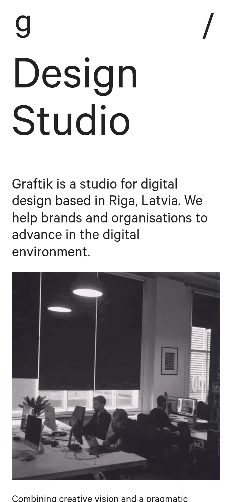 The mobile version uses a single-column vertical layout optimized for small screens. The 'Design Studio' headline and introductory text appear at the top, followed by the black and white office GIF which spans the full width of the screen.