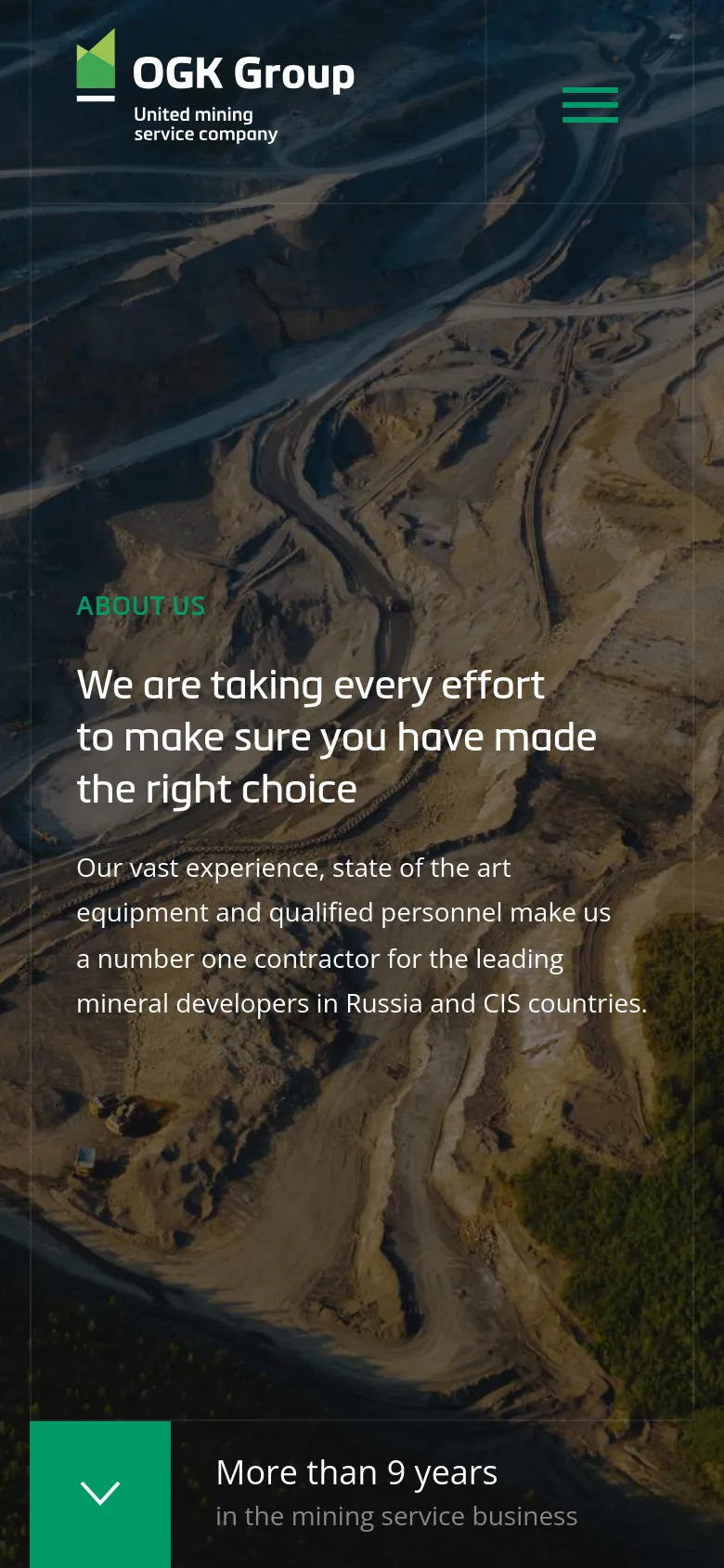 The mobile version presents a vertically oriented view of the aerial quarry hero image. The layout is simplified with the logo and menu at the top, the main headline in the center, and a single prominent statistic 'More than 9 years' in a teal block at the bottom.