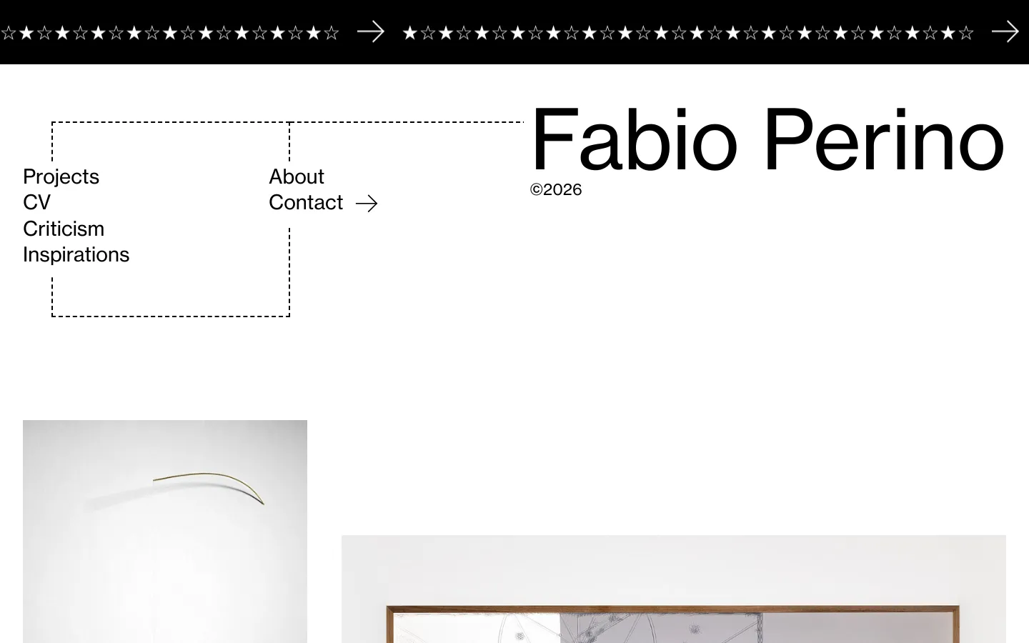 The desktop page features a minimalist white layout with the artist's name, Fabio Perino, in large black text. A navigation menu on the left includes links for Projects, CV, Criticism, and Inspirations, while About and Contact are positioned centrally. Below the header, a grid of large artistic project images is displayed, each accompanied by a title, year, and index number.