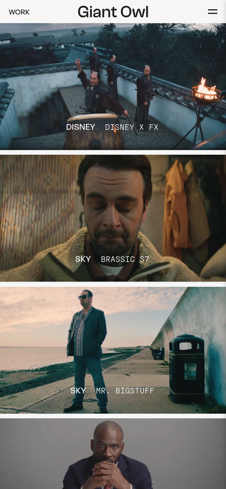 The mobile version uses a simplified header with the 'Giant Owl' logo centered and a hamburger menu icon on the right. The layout shifts to a single-column vertical scroll, presenting the cinematic hero image followed by large, full-width project thumbnails stacked vertically.