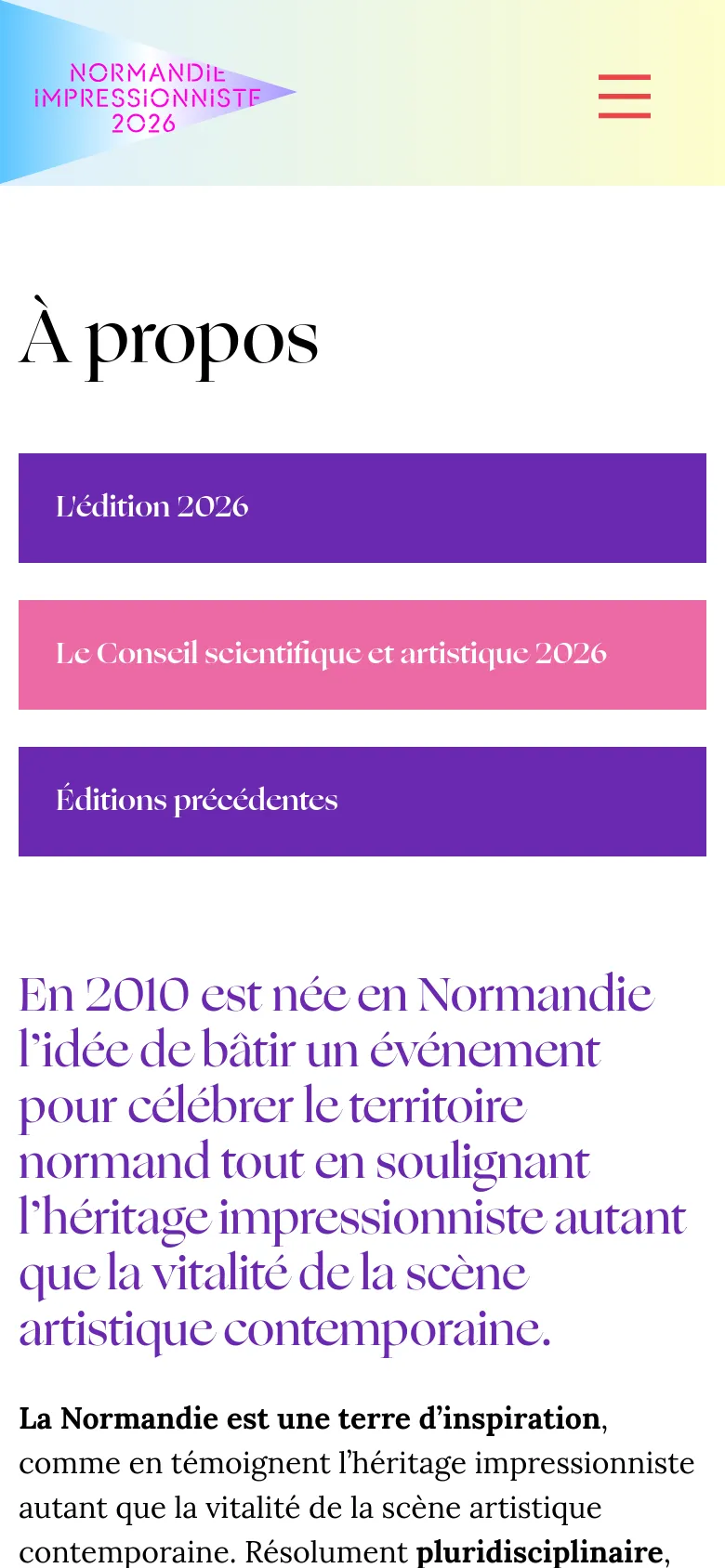 The mobile version maintains the cream background and serif typography but simplifies the layout. The three navigation tiles are stacked vertically instead of side-by-side, and the header features a hamburger menu icon and a search icon. The text content follows below the stacked tiles, optimized for a single-column vertical scroll.