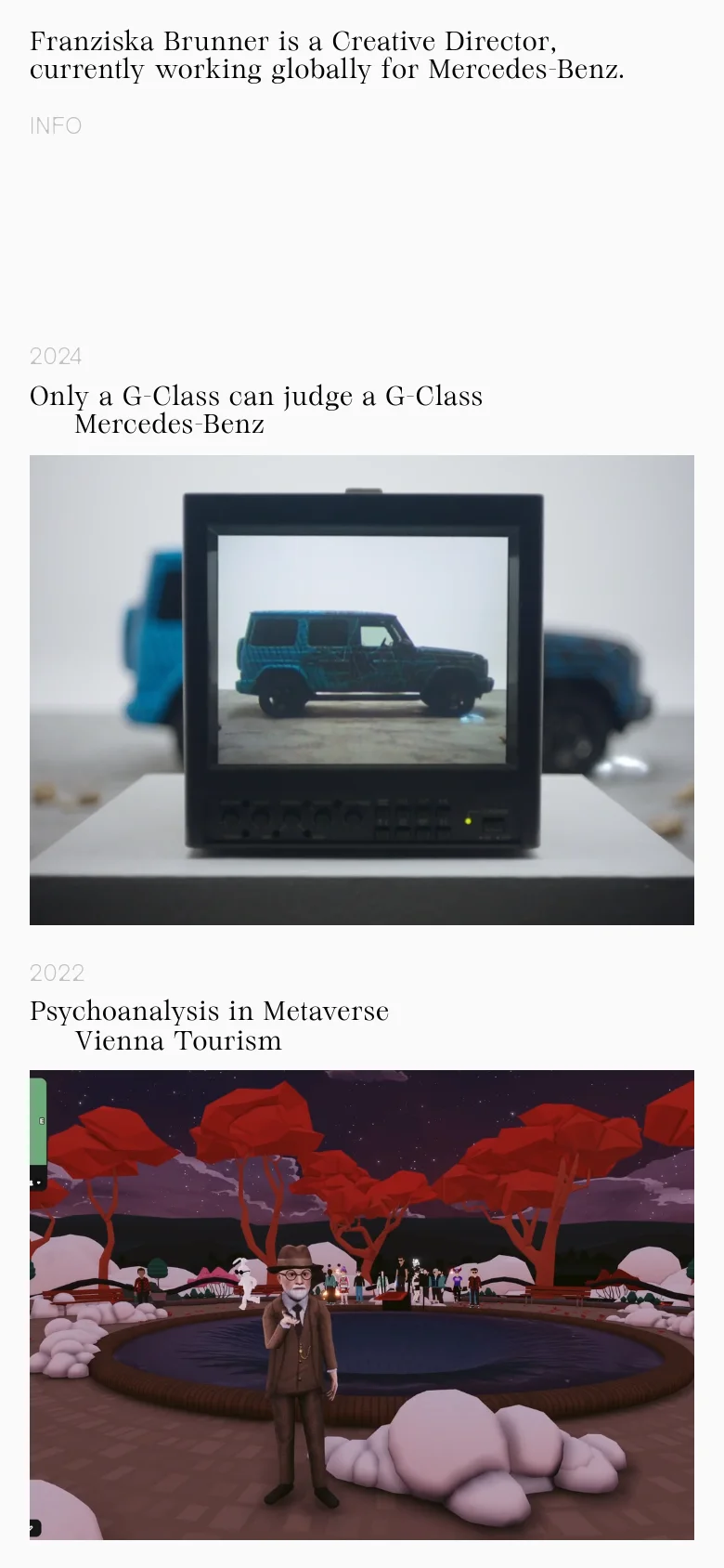 The mobile version maintains the minimalist white and black aesthetic but shifts to a single-column vertical layout. The text and project images are stacked vertically, making the portfolio easier to scroll through on a narrow screen.
