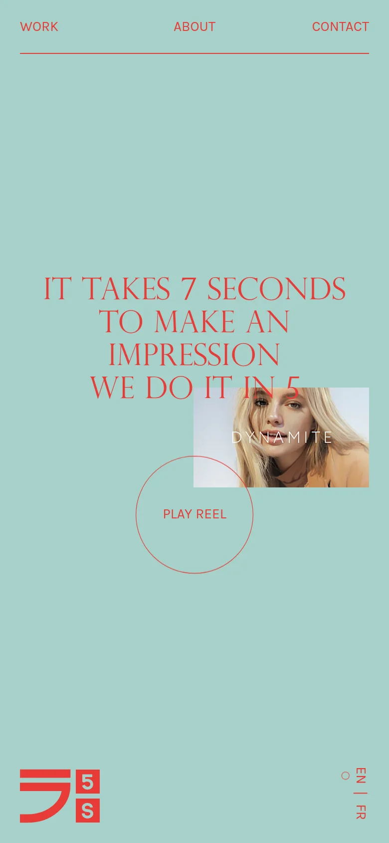 The mobile version uses a light mint green background with the same large red serif headline, though the text is stacked vertically. The 'PLAY REEL' button is centered more prominently, and a rectangular video thumbnail of a person is layered behind the text. The navigation links are moved to the bottom of the screen, and the language switcher is positioned in the bottom right corner.